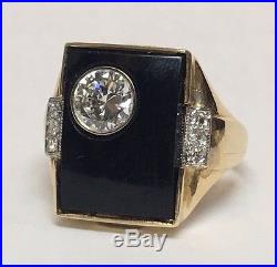 Vintage 14k Yellow Gold Mens 1.03ct Diamond & Onyx Ring Sz 8.75 Mans Si H Estate
