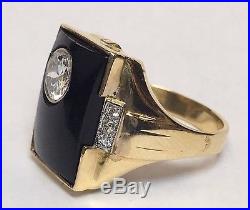 Vintage 14k Yellow Gold Mens 1.03ct Diamond & Onyx Ring Sz 8.75 Mans Si H Estate
