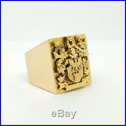 Vintage 14k Yellow Gold Mens Crest Signet Ring Handmade Large Statement Piece