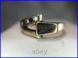 Vintage 14k Yellow Gold Miller Beer Round Diamond Ruby Mens Ring Size 10