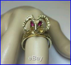 Vintage 14k Yellow Gold Ram Ring With Ruby Eyes Mens Mans