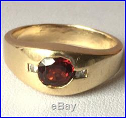 Vintage 14k Yellow Gold Red Garnet & Diamonds Gypsy Style Ring Heavy Men / Woman