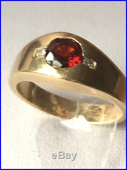Vintage 14k Yellow Gold Red Garnet & Diamonds Gypsy Style Ring Heavy Men / Woman