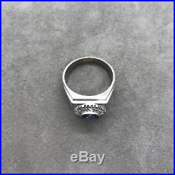Vintage 14k white gold natural blue sapphire diamond wide cigar ring gents men's