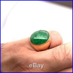 Vintage 17K Yellow Gold 10 Ct Natural Green Jade Mens Signet Ring 8.6 Grams