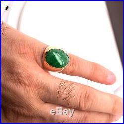 Vintage 17K Yellow Gold 10 Ct Natural Green Jade Mens Signet Ring 8.6 Grams