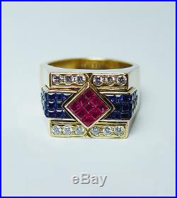 Vintage 18K Gold Diamond Ruby Sapphire Man Mens Ring 30gr Heavy GIA Estate