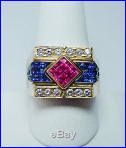Vintage 18K Gold Diamond Ruby Sapphire Man Mens Ring 30gr Heavy GIA Estate
