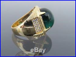 Vintage 18K Solid Yellow Gold Emerald Cabochon White Topaz Men's Ring Size 9.5