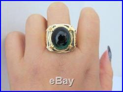 Vintage 18K Solid Yellow Gold Emerald Cabochon White Topaz Men's Ring Size 9.5