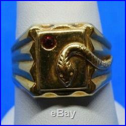 Vintage 18K Yellow Gold Men's Snake Ring with Ruby Accent Size 10