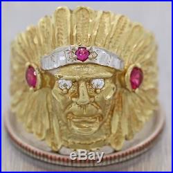 Vintage 18k Yellow Gold Mens. 32ctw Ruby Diamond Indian Chief Biker Ring D8