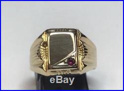 Vintage 18k Yellow Gold Red Ruby Mens Signet Ring Unisex Band Sz 8