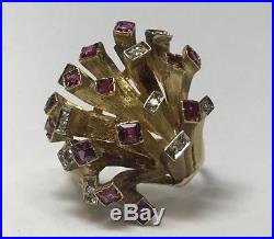 Vintage 18k Yellow Gold Ruby & Diamond Cluster Ring Estate Mens Cocktail Sz 8.25