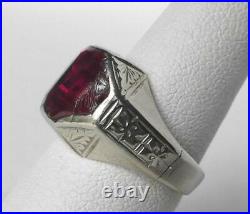 Vintage 1920s Art Deco 14k White Gold Octagonal Ruby Mens Pinky Womens Ring 7.4g