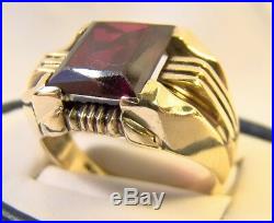 Vintage 1920s Mens 14 K Gold Emerald Cut Garnet Art Deco Sz 9 Wide Ribbed Ring