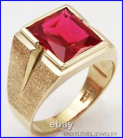 Vintage 1940's 6ct Lab-Created Ruby Engraved 10k Solid Yellow Gold Men's Ring
