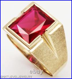 Vintage 1940's 6ct Lab-Created Ruby Engraved 10k Solid Yellow Gold Men's Ring