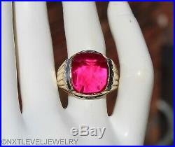 Vintage 1940's SIGNED DASON LARGE Cushion Cut Ruby 10k Solid Gold Men's Ring
