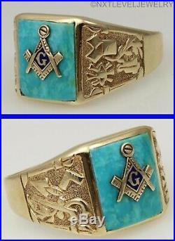 Vintage 1950's Masonic Symbol Set in Natural Turquoise 10k Solid Gold Men's Ring