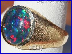 Vintage 1960's BRIGHT RAINBOW RARE Natural BLACK Opal 10k Solid Gold Men's Ring