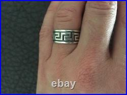 Vintage 1980's Sterling Silver Greek Key Relief Mens Handmade Designer Ring Sz. 9