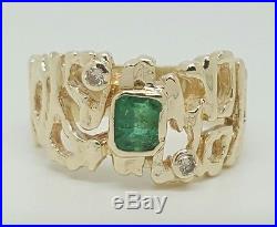 Vintage 1.01Ct natural diamond & green emerald 14k yellow gold men's ring