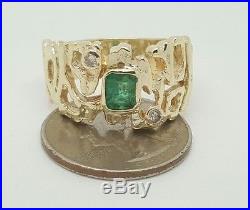 Vintage 1.01Ct natural diamond & green emerald 14k yellow gold men's ring