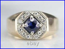 Vintage 1.20CT Sapphire Diamond Men's Ring Engagement Wedding 14K Yellow Gold FN