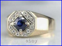 Vintage 1. CT Simulated Sapphire Diamond Men's Ring Wedding 14K Yellow Gold Over