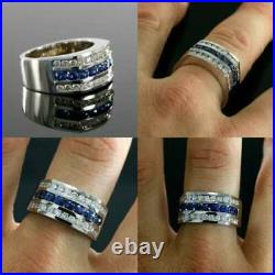 Vintage 2CT Round Diamond & Blue Sapphire Men's Wedding Ring 14k White Gold Over