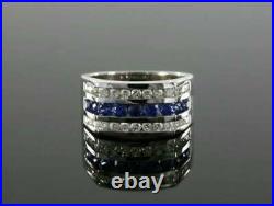 Vintage 2CT Round Diamond & Blue Sapphire Men's Wedding Ring 14k White Gold Over