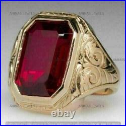 Vintage 3Ct Emerald Cut Lab-Created Red Garnet Men's Ring 14K Yellow Gold Plated