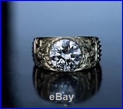Vintage 3.48 Ct Diamond Carved Gold Mens Ring