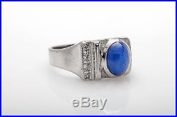 Vintage 3ct Blue Star Sapphire Diamond 14k White Gold Mens Band Ring HEAVY 9.4g