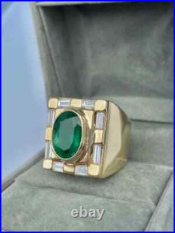 Vintage 5 Carat Oval Brazilian Emerald Mens Ring with Diamond 14K Yellow Gold Over