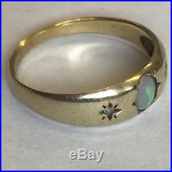 Vintage 9ct Yellow Gold Men's 3 Stone Diamond & Opal Gypsy Ring Size M1/2