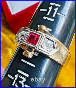 Vintage ART DECO Lab Ruby &. 35ct DIAMOND MEN RING 14k Gold 9.8g Size 12 Antique
