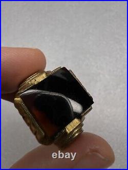 Vintage Antique Victorian Mens Gold Filled Agate Hallmarked Signed FD Ring
