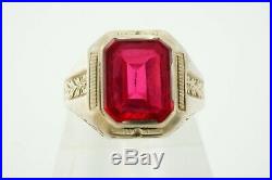 Vintage Art Deco 10k White Gold Etched Synthetic Ruby Men's Ring Size 8.5