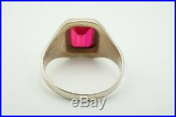 Vintage Art Deco 10k White Gold Etched Synthetic Ruby Men's Ring Size 8.5