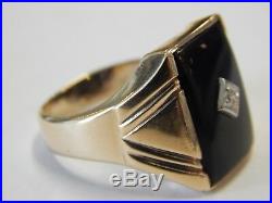 Vintage Art Deco 10k Yellow Gold Onyx & Diamond Men's Ring Engraved Size 10