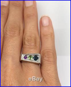 Vintage Art Deco 14K Solid White Gold Natural Sapphire Mens Pinky Ring Size 6.5