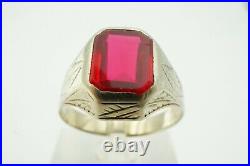 Vintage Art Deco 14k White Gold Handmade Etched Synthetic Ruby Men's Ring Sz 10