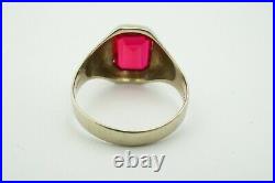 Vintage Art Deco 14k White Gold Handmade Etched Synthetic Ruby Men's Ring Sz 10