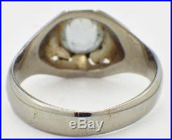 Vintage Art Deco 18K White Gold Mens Ring withRound Faceted Aquamarine Stone