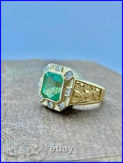 Vintage Art Deco 5.2Ct Lab Created Green Emerald Men's Ring 14K Yellow Gold Over