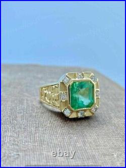 Vintage Art Deco 5.2Ct Lab Created Green Emerald Men's Ring 14K Yellow Gold Over