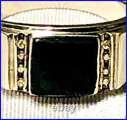 Vintage Art Deco Black Onyx & Diamond Men's Ring with 8 Diamonds in 925 Size 11