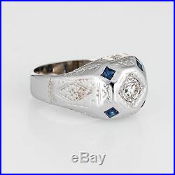 Vintage Art Deco Diamond Sapphire Ring Mens Antique Jewelry 14k White Gold 8.75